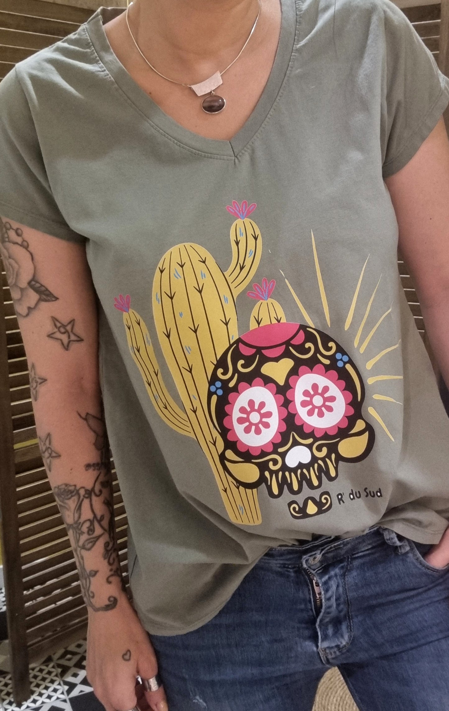 Tee Shirt Cactus Skull Kaki